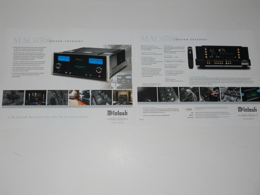 McIntosh MAC6700 Receiver Amplifier Brochure 2 pages, Specs, Info