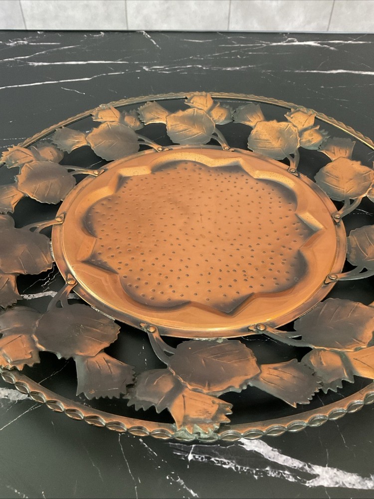 Vintage Copper Platter Bowl With Leaf Design,EUC