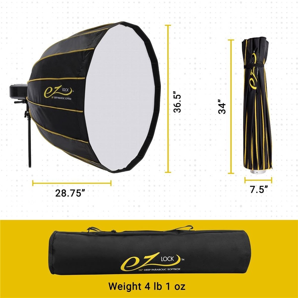 Glow EZ Lock 38" Deep Parabolic Quick Softbox, 16-Sided black, silver