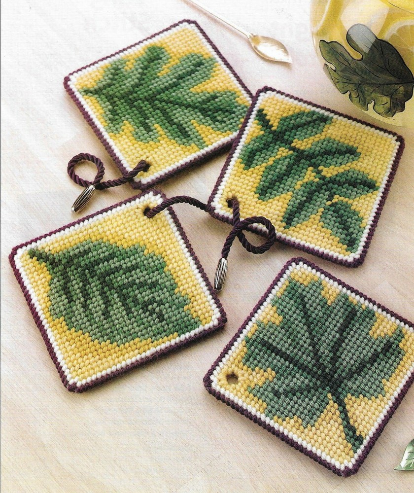 LEAF STUDY COASTERS 4 DESIGNS HOME DECOR PLASTIC CANVAS PATTERN INSTRUCTIONS