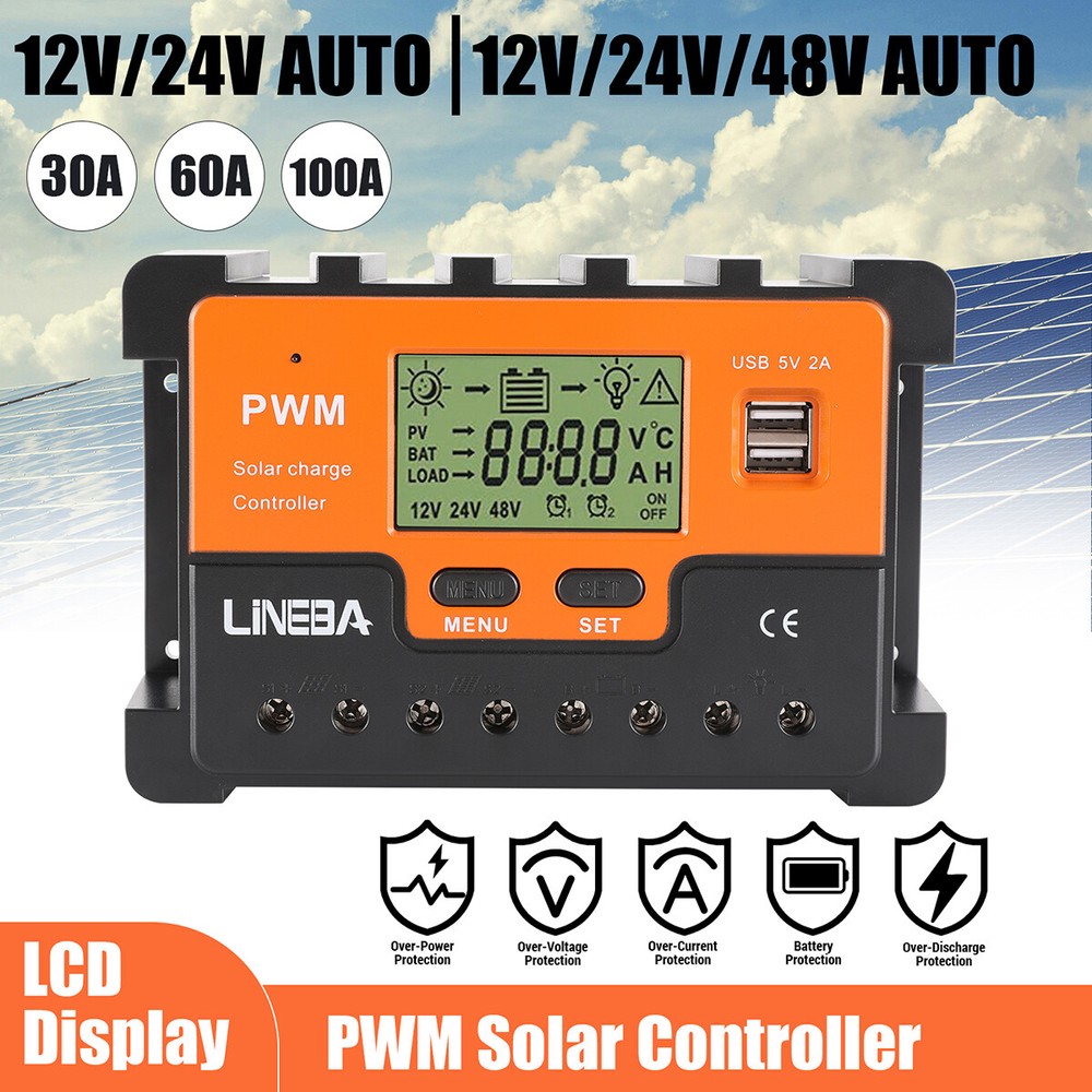 100A Solar Panel Battery Charge Controller 12V/24V/48V LCD Regulator Auto 2USB