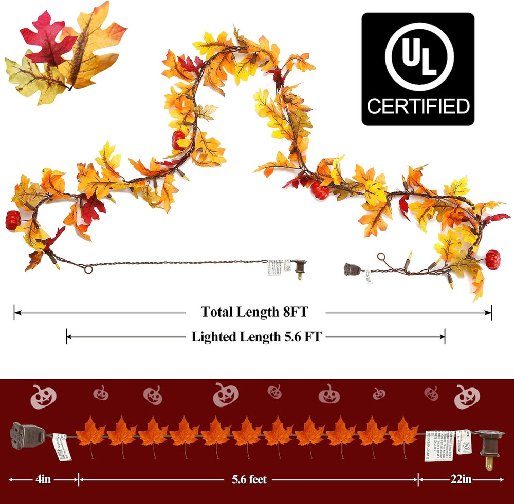 Fall Maple Leaf String Lights Plug in 120V UL 8FT Leaf, Orange