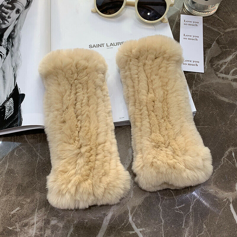 Winter Rabbit Fur Golves Knitted Stretch Fingerless Mitten Gloves