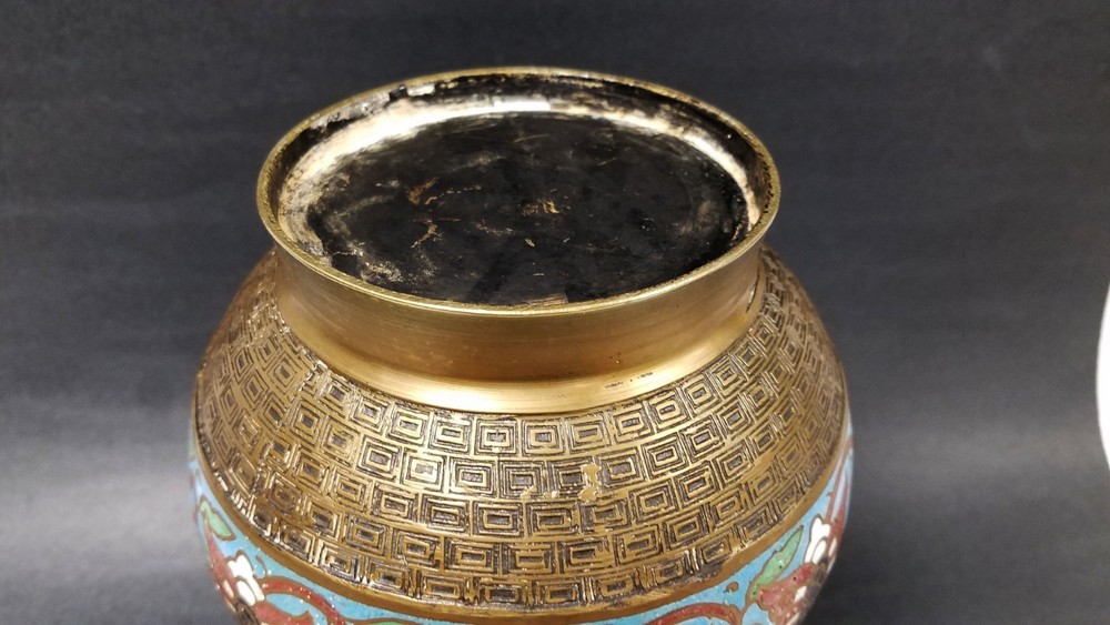 Vintage Two Handled Bronze Champleve' Cloisonne" Enamel Vase