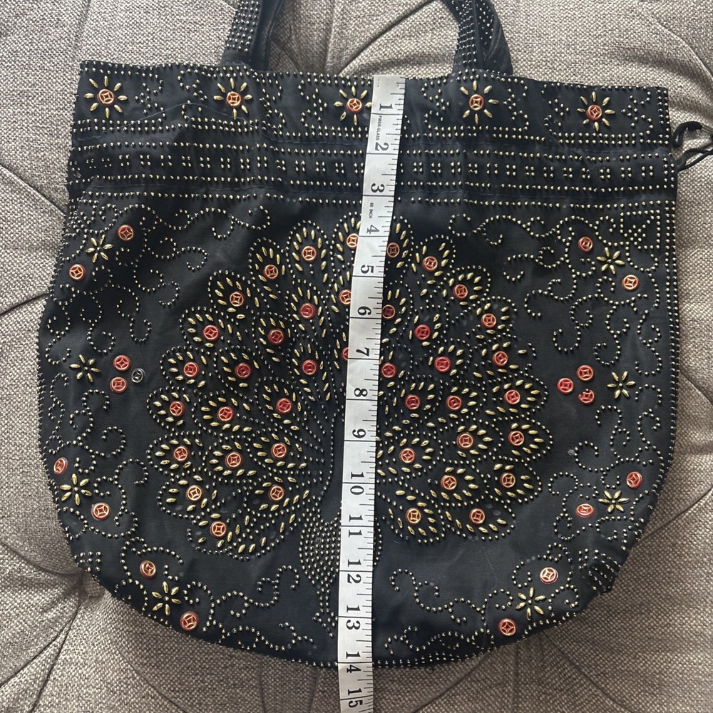 Vtg Peacock Drawstring Black Beaded Boho Hippy Purse FLAW