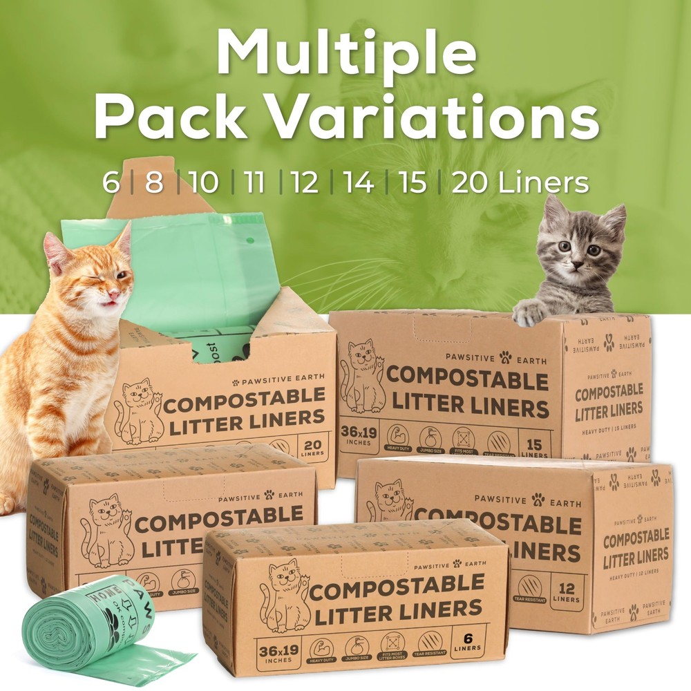 Cat Litter Box Liners 100% Compostable - Drawstring Close - Pack of 6, white