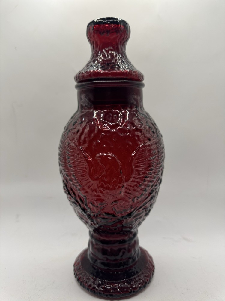 Vintage Ruby Red Eagle Pattern Pressed Glass Lidded Compote Pedestal Candy Jar