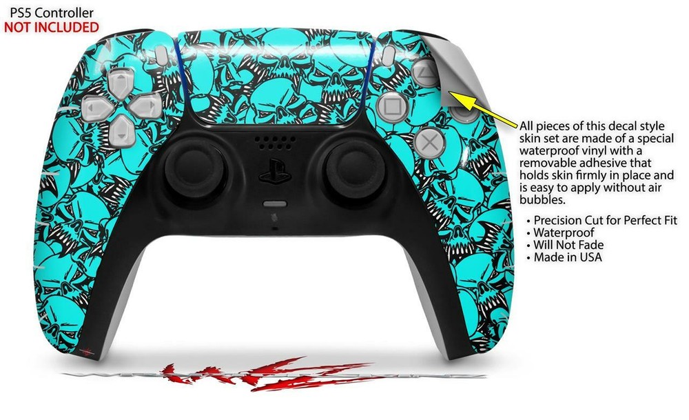 Skin Sony PS5 Controller Scattered Skulls Neon Teal