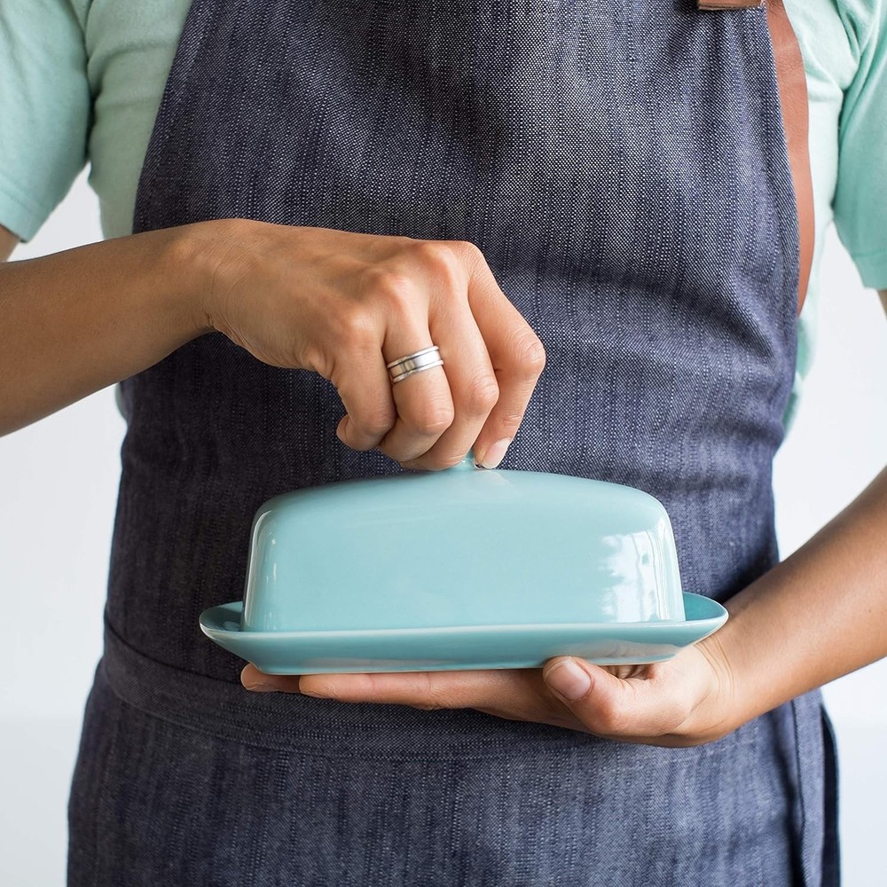 Now Designs Stoneware Rectangle Butter Dish with Lid Eggshell, Eggshell Blue