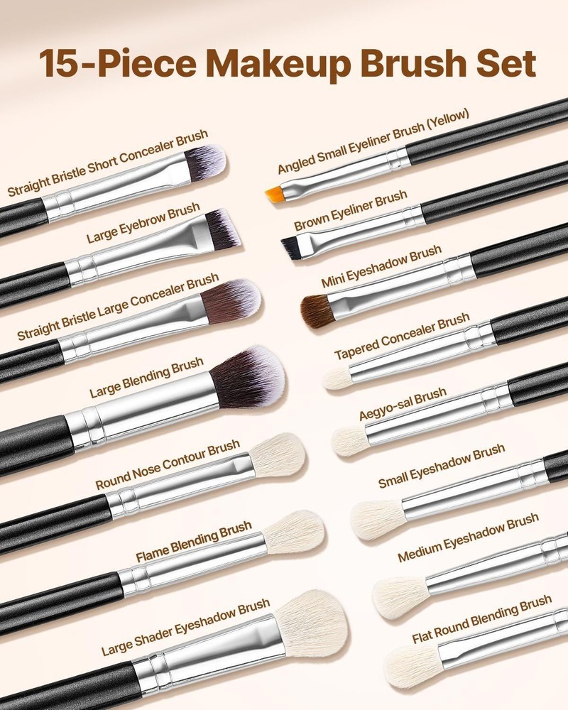 15PCS Soft Bristle Makeup Brushes - Foundation & Eyeshadow Brush Set