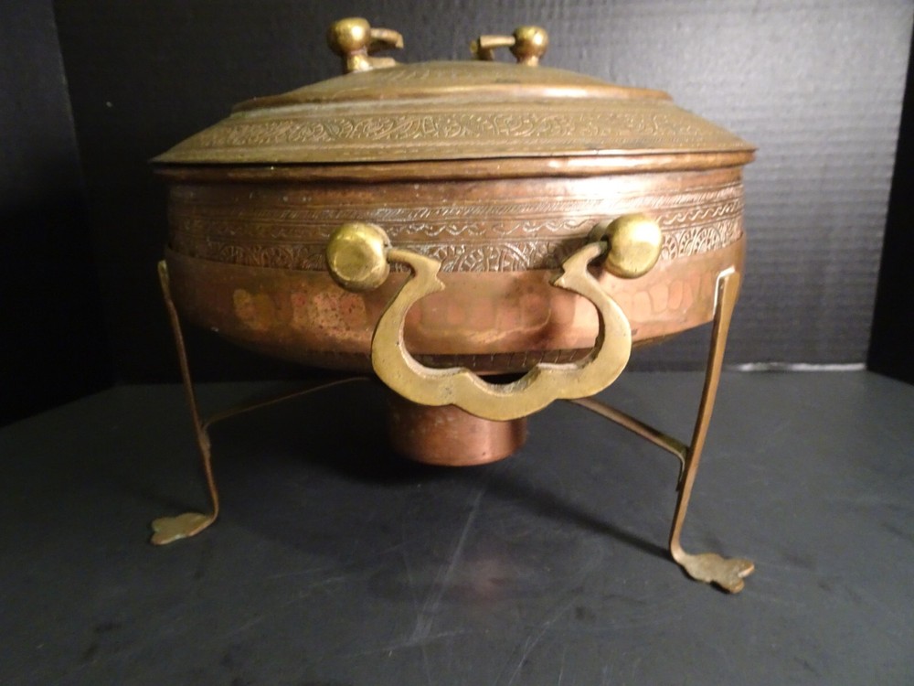Antique Copper Tin Lined Chafing Dish Ornate Design