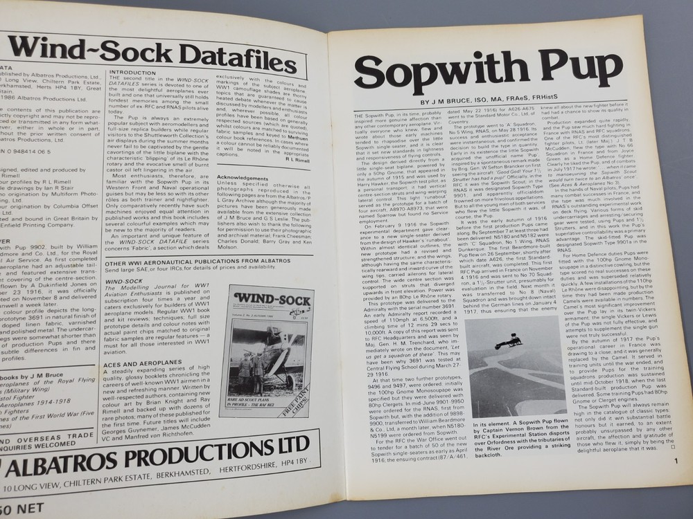 Windsock Datafiles # 2 Sopwith Pup By J. M. Bruce