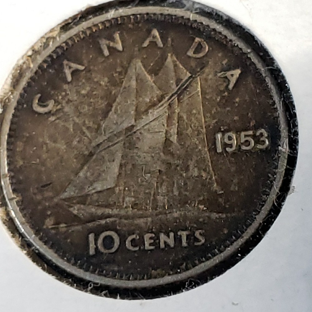 1953 Canada Silver No Shoulder Fold Dime Toned