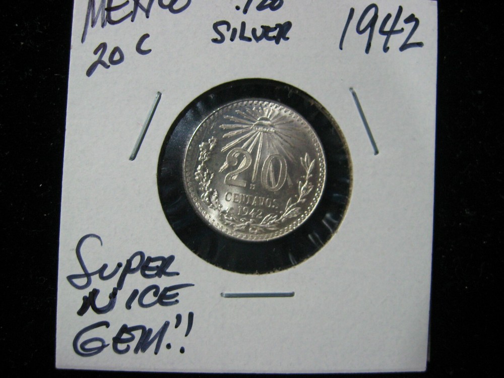 1942 MEXICO  .720 SILVER 20 CENTAVO SUPER NICE GEM