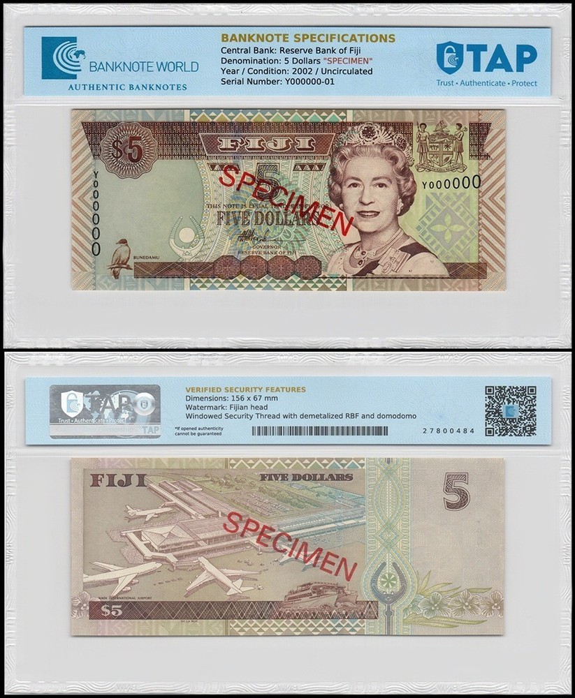 Fiji 5 Dollars, 2002 ND, P-105as, UNC, Specimen, TAP Authenticated