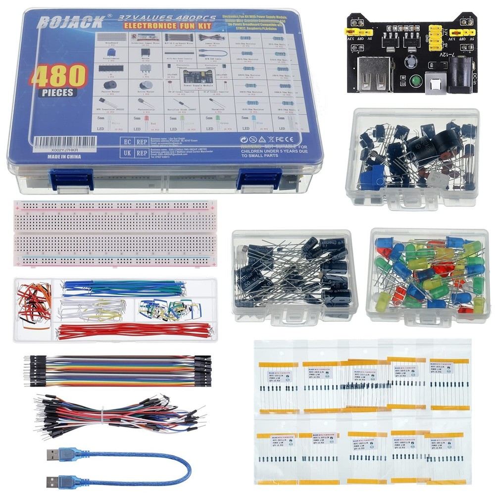 37 Values 480 Pcs Electronics Component Fun Kit with Power Supply Module Jump...