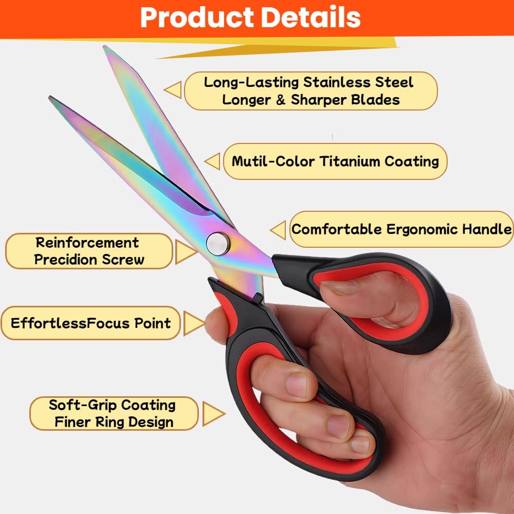 Scissors Multi-Purpose, 9.5" Sharp Sewing Scissors, Professional Heavy Red