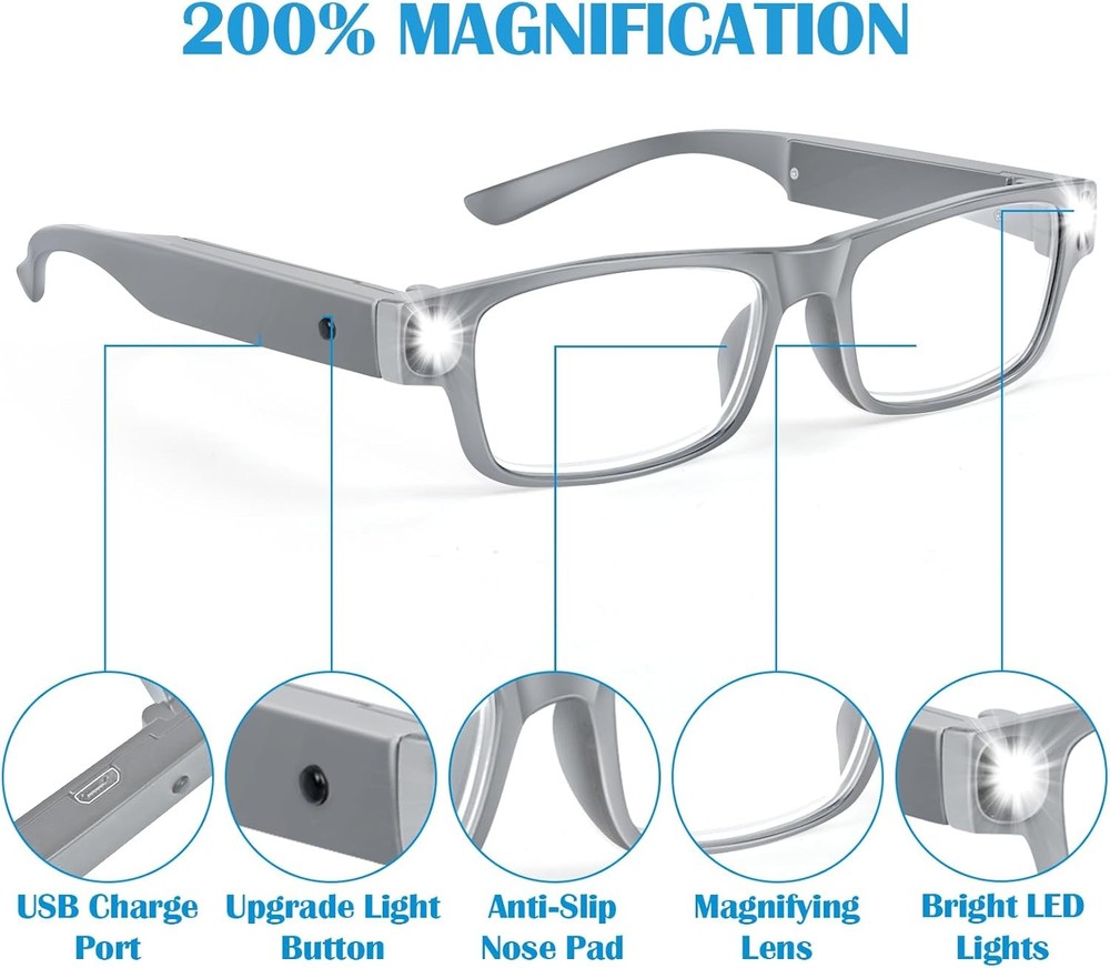 200% Magnifying Glasses with Light,Usb Rechargeable LED Lighted Magnifying Eyewe