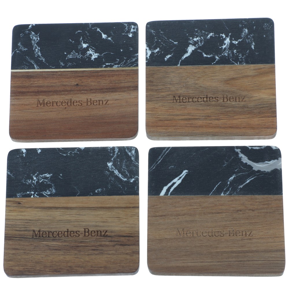Mercedes Text Black Marble and Wood Coasters