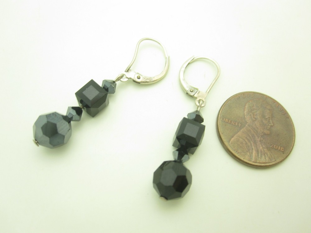 Sterling Silver Black Crystal Quartz Square Round Dangle Earrings