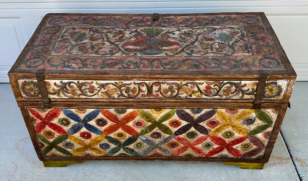 Museum-Quality 18th C.Peruvian Spanish Colonial Polychromed Leather Dowry Trunk