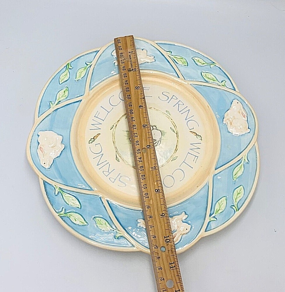 Welcome Spring Serving Plate Bunny Rabbit Blue and Green Easter Decorative Russ