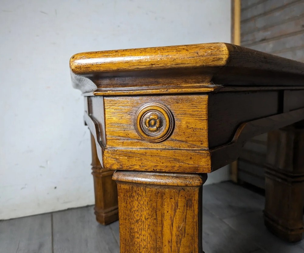 Vintage Rustic Carved Oak Wood Triangular Side Table Spanish Colonial Style