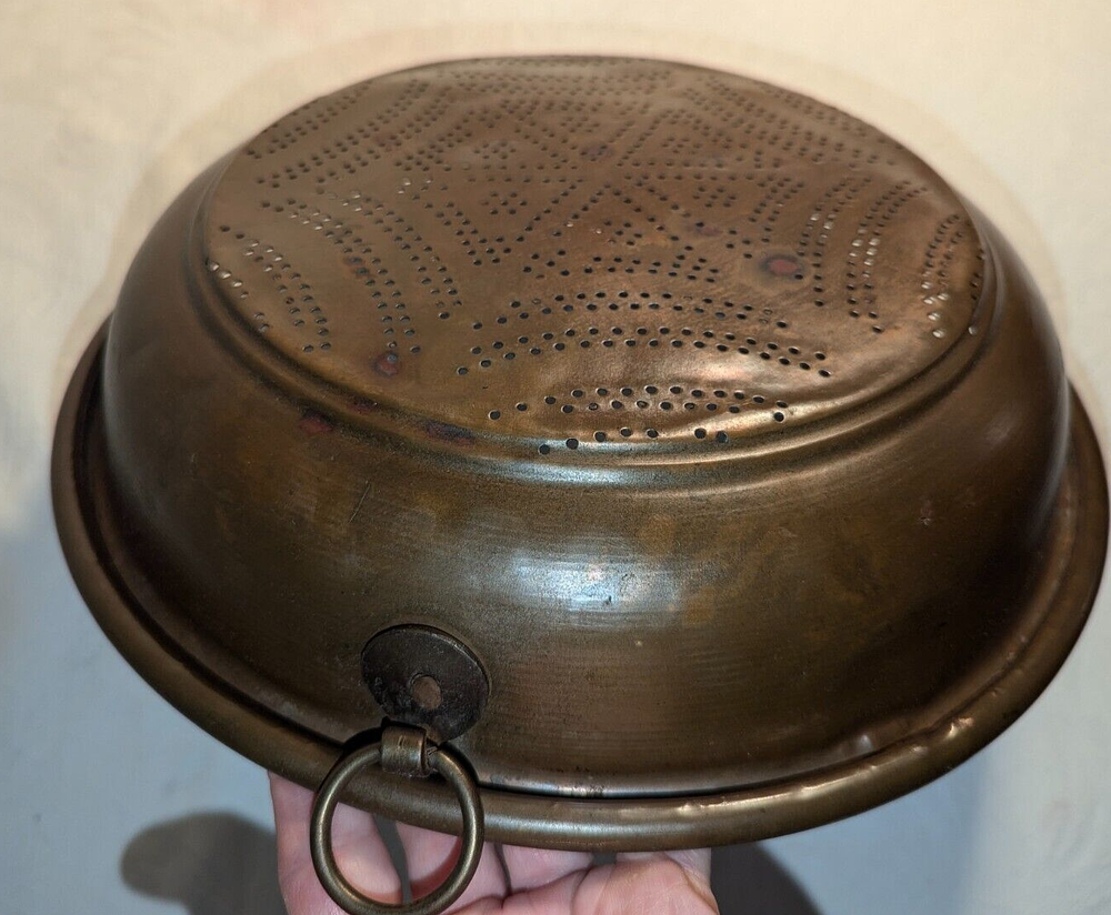 Vtg 12" Copper Plated Spider Web Pattern Colander Strainer Sifter Farm House