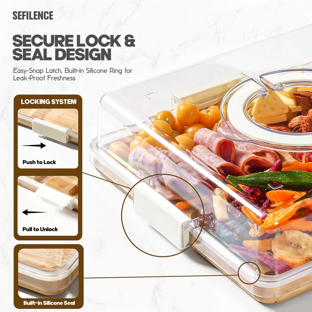 Charcuterie Board with Clear Locking Lid and Handle, Single Compartment Bamboo C