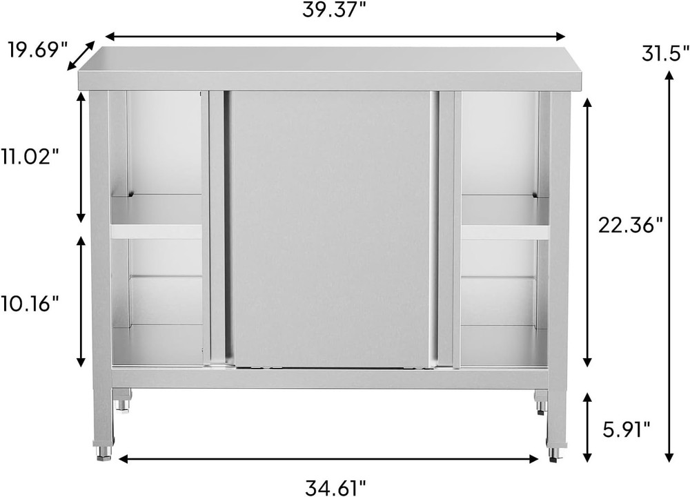 Stainless Steel Prep & Work Table with 2-Tier Cabinet & 2 Sliding Doors Silver