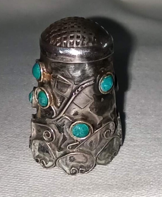 Mexican Silver Thimble With Semi-precious Stones