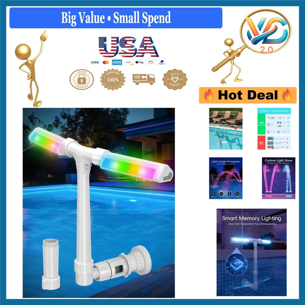Upgraded LED Pool Fountain with Lights Remote 360° Adjustable Spray