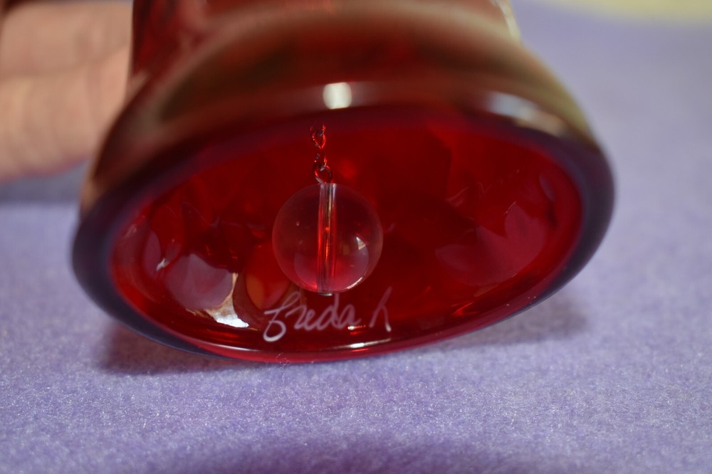 Fenton Glass Small Ruby Red Optic Bell Hand Painted Floral Scene Signed Freda K