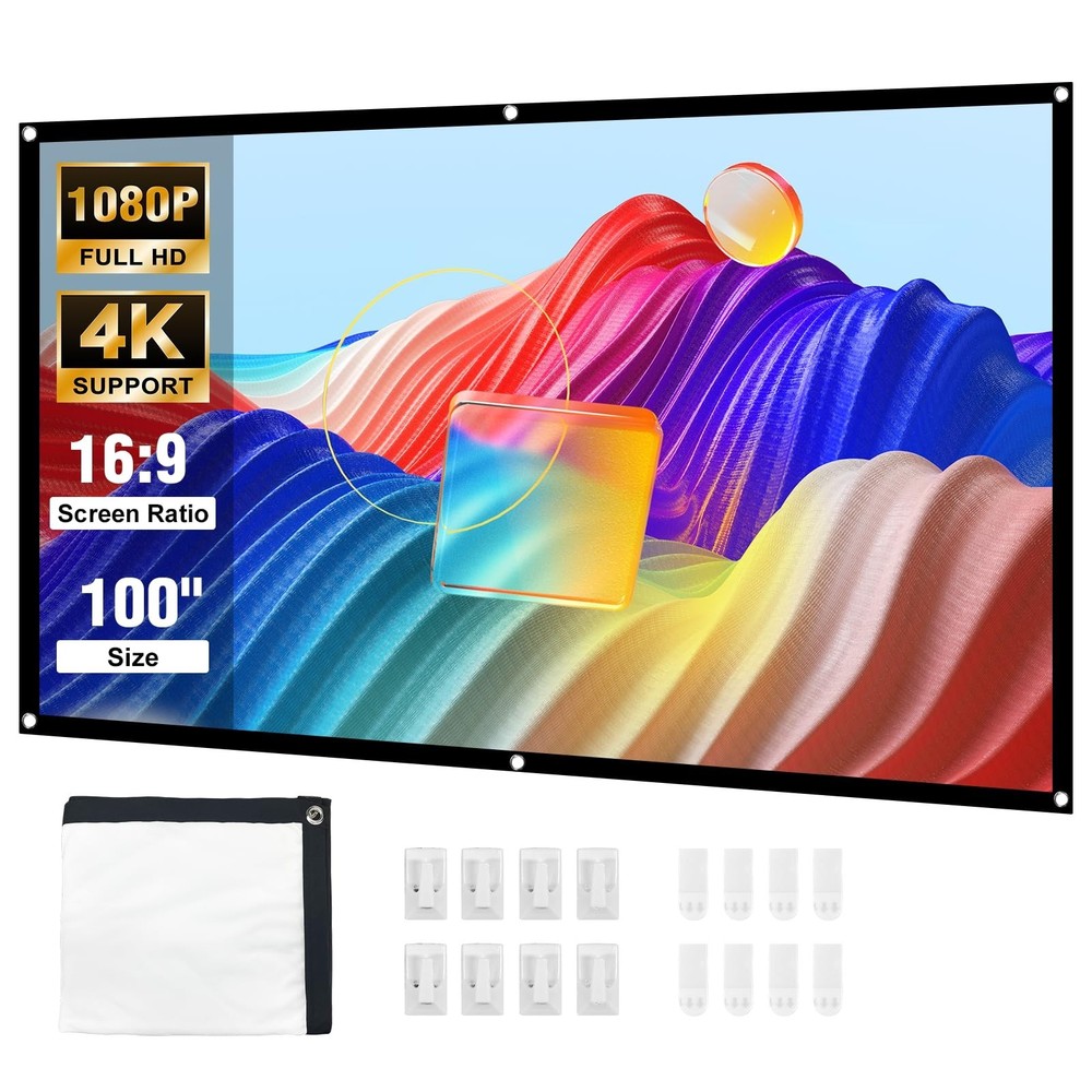 HAPPRUN Projector Screen, 100 inch Projection Screen, 16:9 Foldable Portable ...