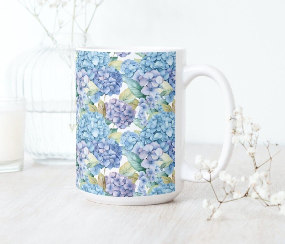 Blue Hydrangeas Coffee Tea Mug Cup 15 Oz Ceramic, Floral Pattern by Mugzan