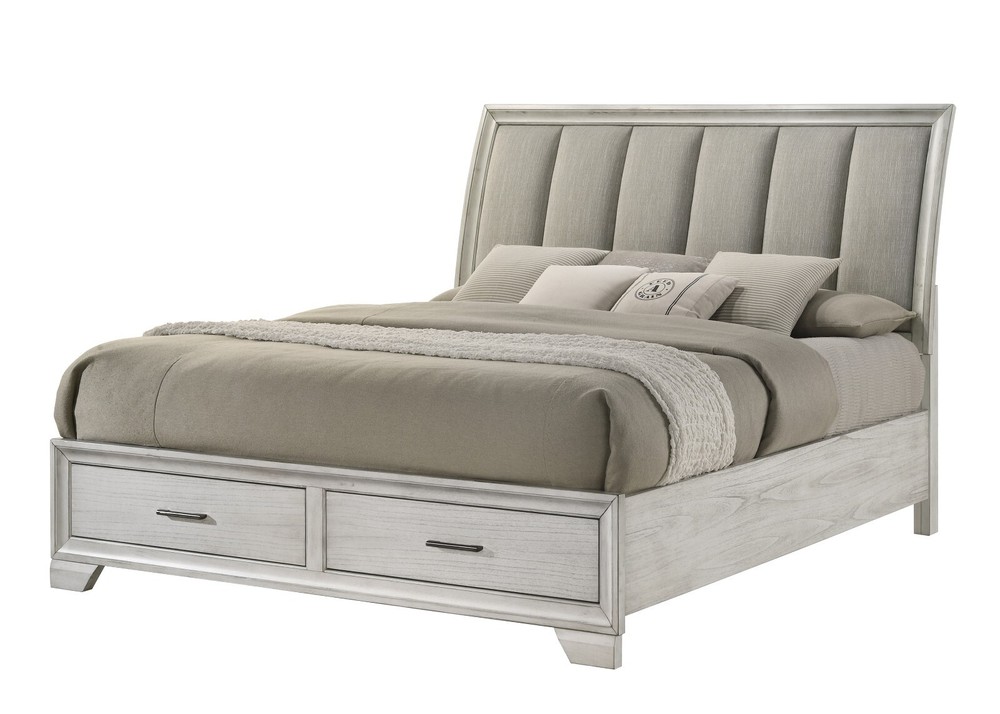 6Pc King Size Platform Storage Platform Bed Set White Cream Finish Solid Wood