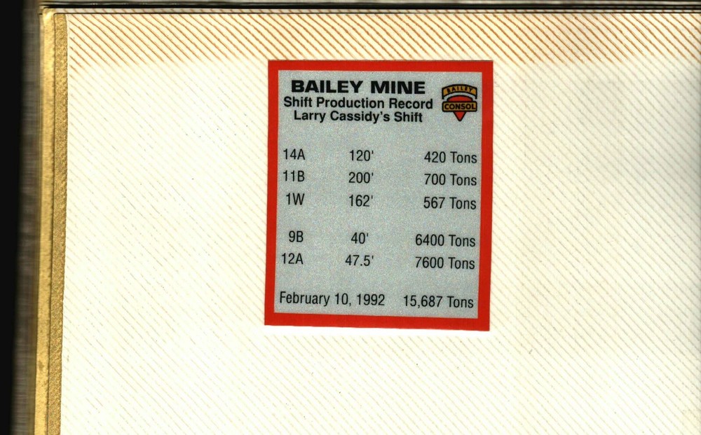 NICE PRODUCTION RECORD BAILEY MINE CONSOL COAL CO. COAL MINING STICKERS # 1186