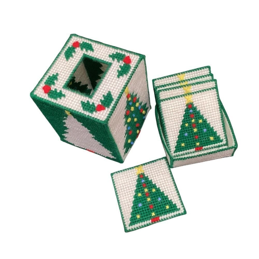 Handmade Plastic Canvas Christmas Tree Tissue Box Cover Coasters Set