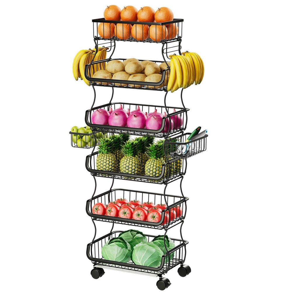 6 Tier Rolling Cart, Stackable Fruit Vegetable Basket with Wheels and 2 Hangi...