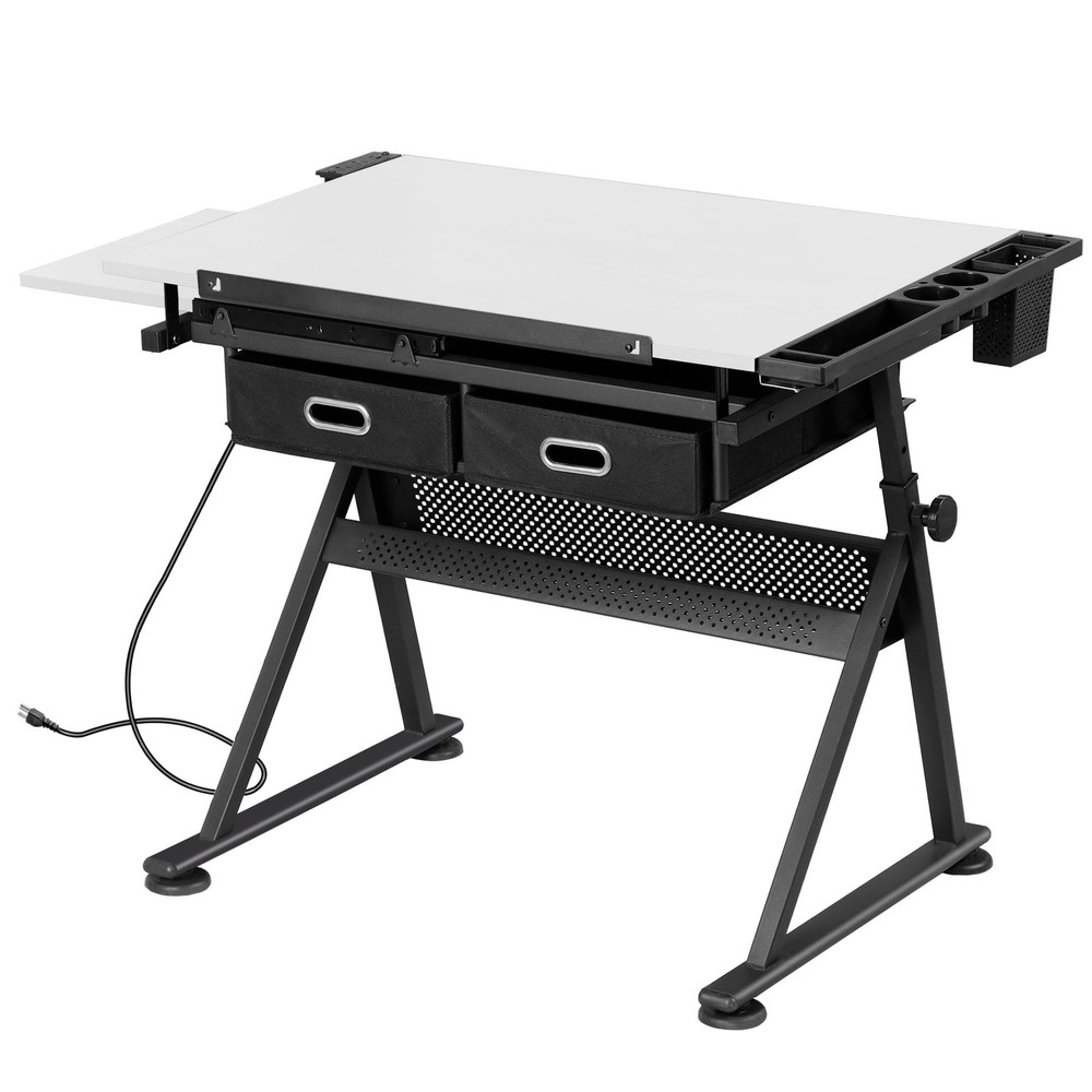 Adjustable Drafting Drawing Table Tiltable Tabletop w/ Stool & Outlet White