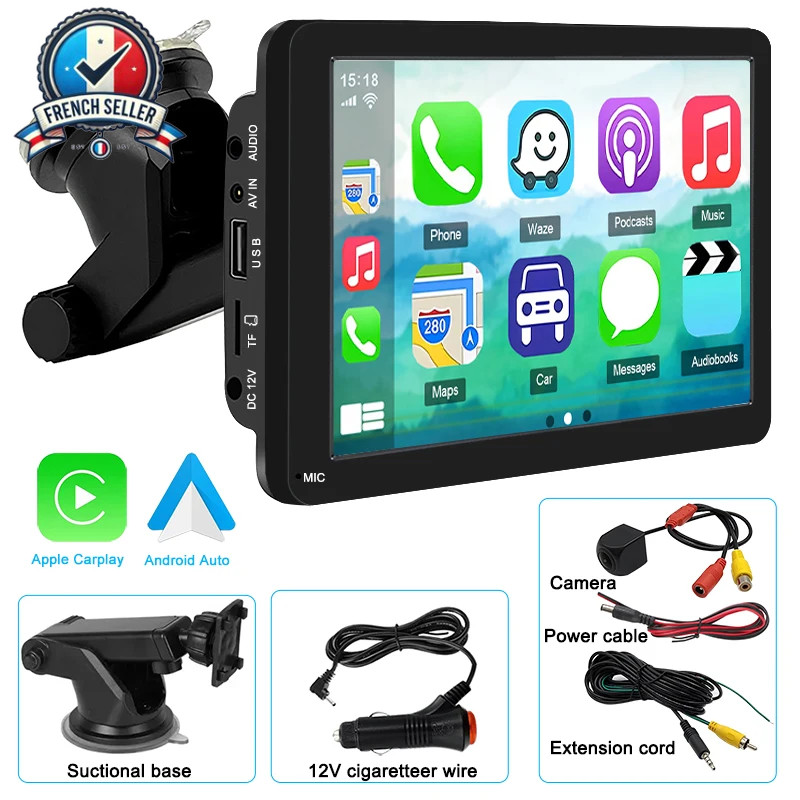 Portable CarPlay Android Car Stereo - 7" Touch Screen, Video Player, USB, AUX,