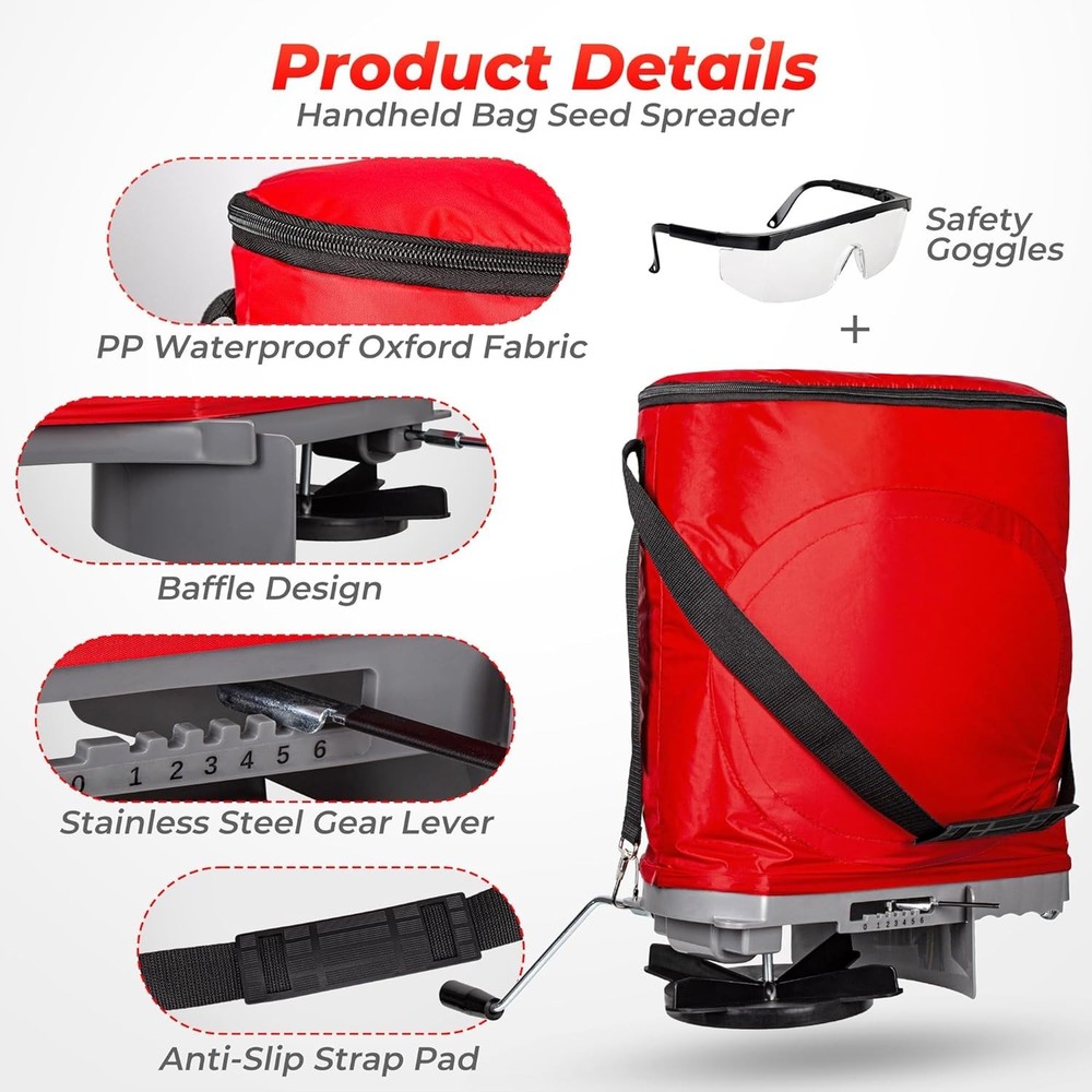 Handheld Seed Spreader with 25lb Bag, Frame Support, Flow Control, Enclosed G...