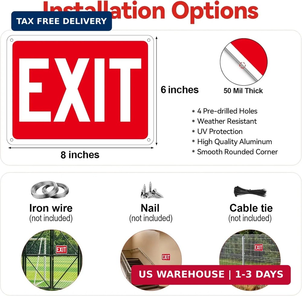 2 Pack Exit Signs, Aluminum Exit Sign with Red Background, Exit Sign for Door...