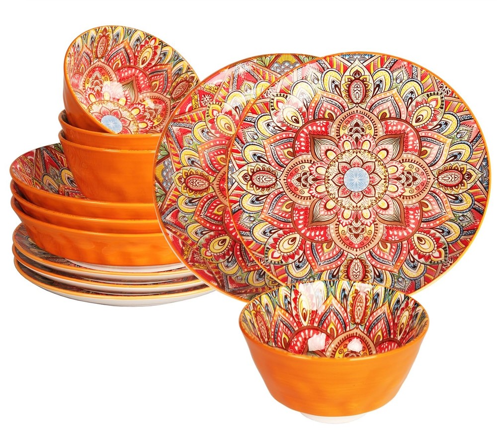 Mandala Dinnerware Sets (12 Pcs) Serves 4, Buffet Dinnerware, Boho Plates and...