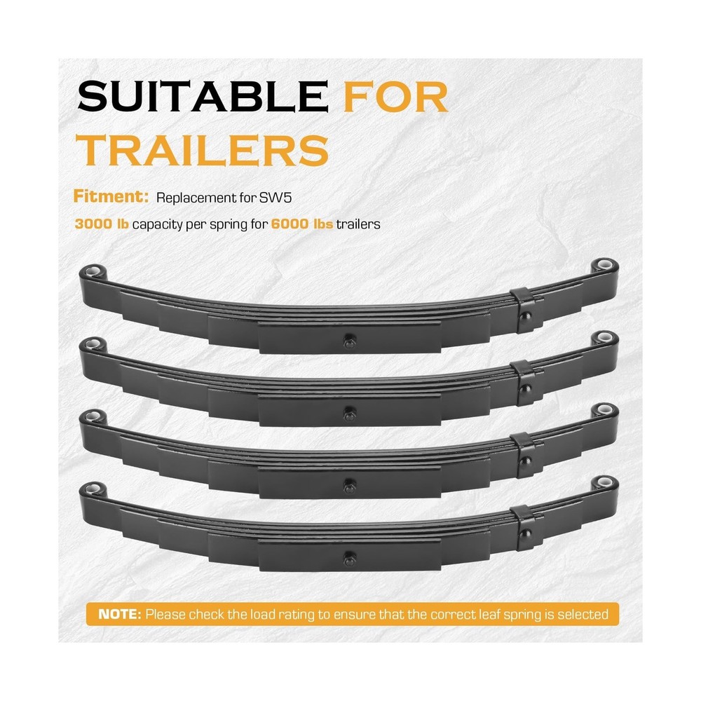 Tandem Trailer Leaf Spring 5 Leaf Double Eye 3000 lbs Cap for 6000 lbs Axle S...