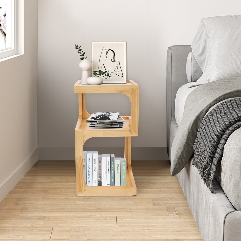 3-Tiers Solid Wood Nightstand, End Table for Small Spaces with Open Storage