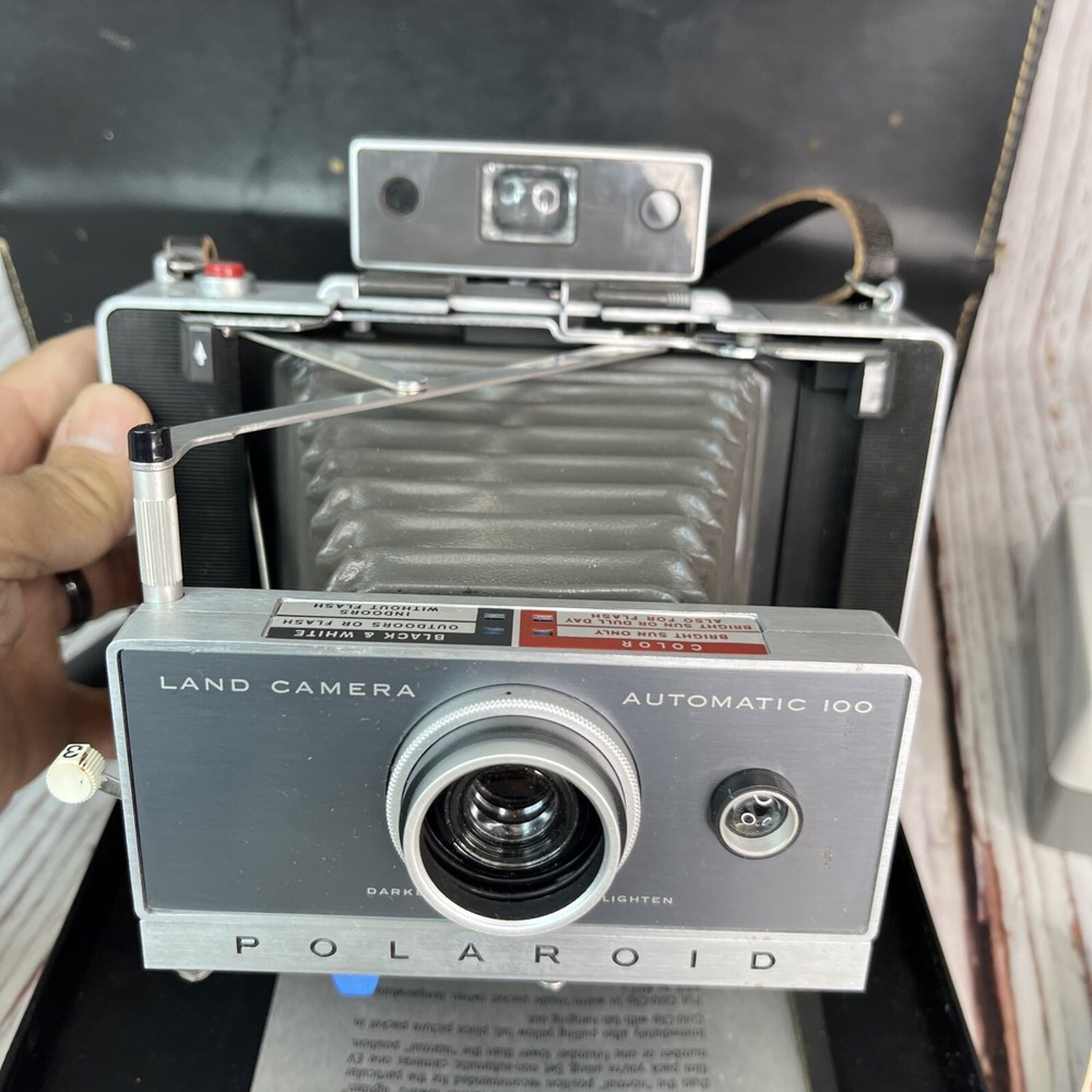 Vintage Polaroid Automatic 100 Land Camera with Case, Timer, Flash, Bulbs, More