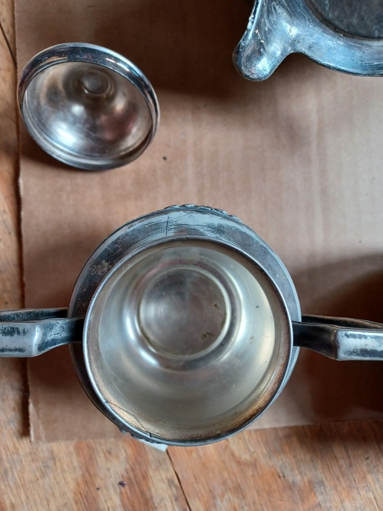 Silver On Copper Tea Set Hallmark At Bottom 5 Pieces