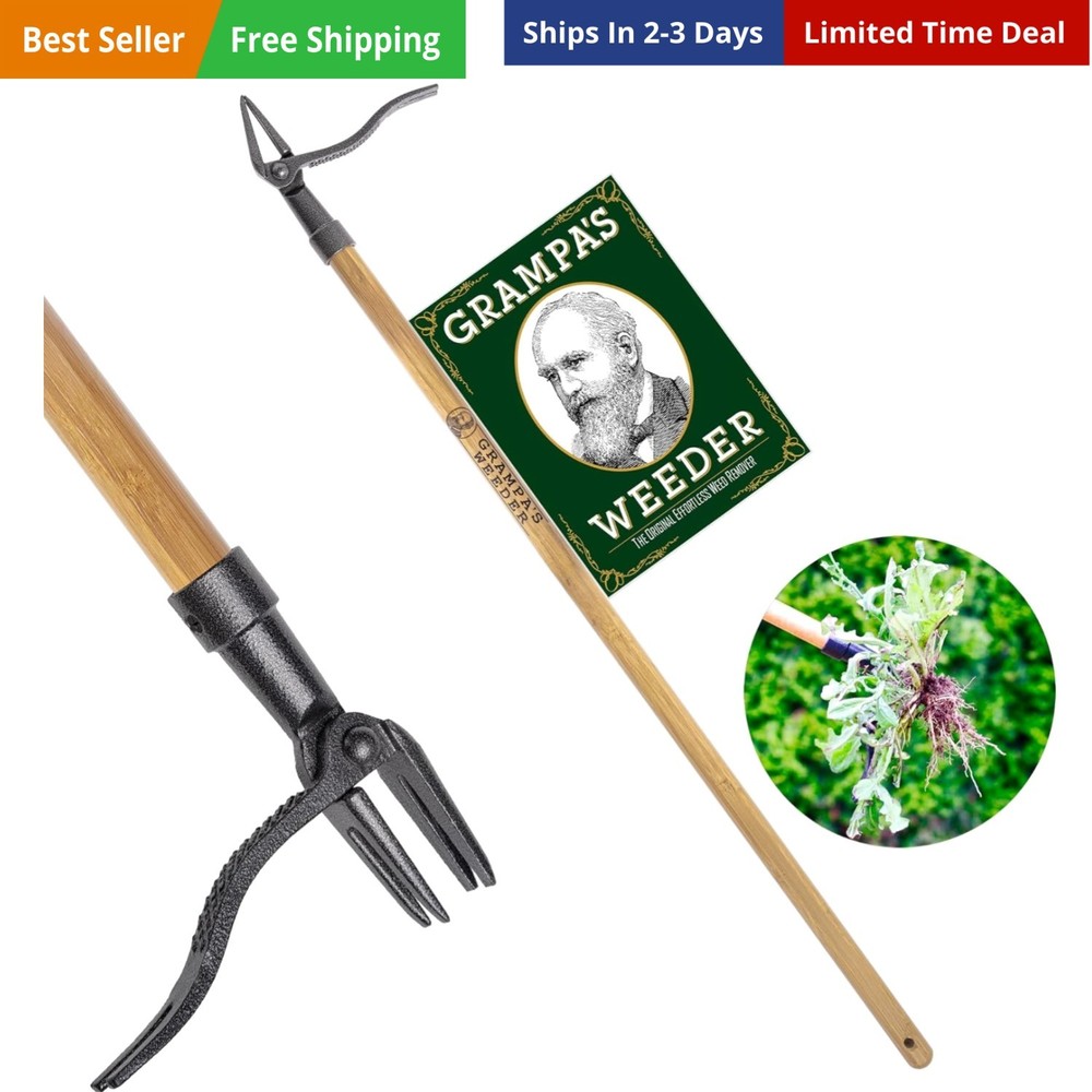 The  Stand Up Weed Puller Tool with Long Handle - Made with Real Bamboo & 4-C...