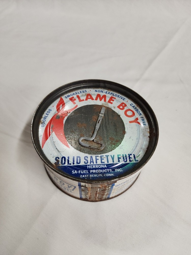 Vintage Sealed Flame Boy Solid Safety Fuel Can #1668 4" Round